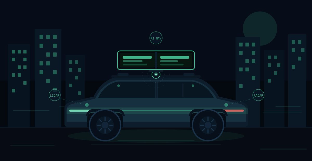A futuristic autonomous electric crossover carrying a roof-rail mounted dual-sided Quantum Digital Topper, guided by LiDAR and radar sensors on a night city street